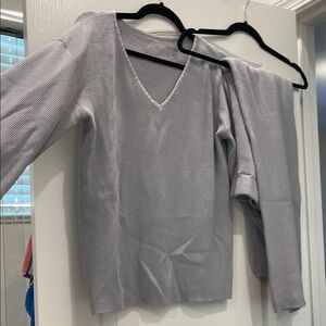 Gray V-Neck Sweater and Pants Set